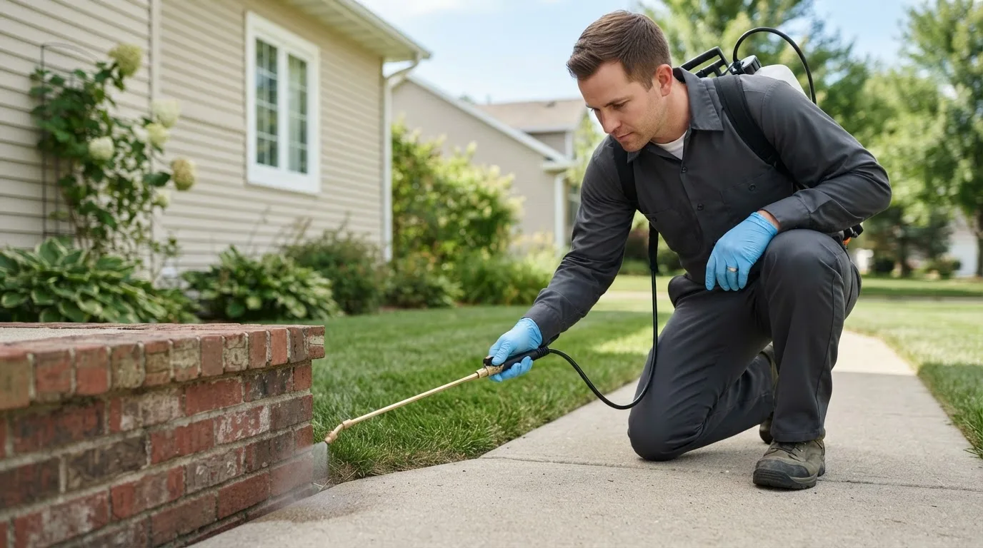 Pest control technician treating a home near Eagle Butte, SD